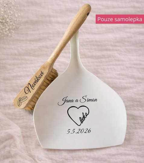 Vinylová samolepka na svatební lopatku a smetáček s prstýnky