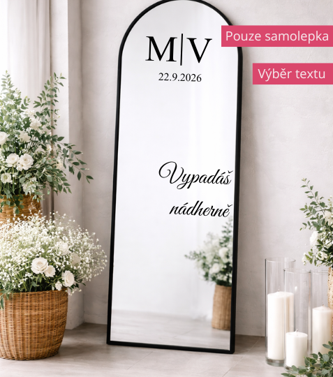 Samolepka na svatební zrcadlo s iniciálami, datem a textem pro hosty