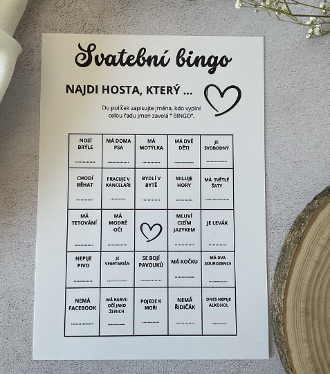Svatební bingo pro hosty - srdce